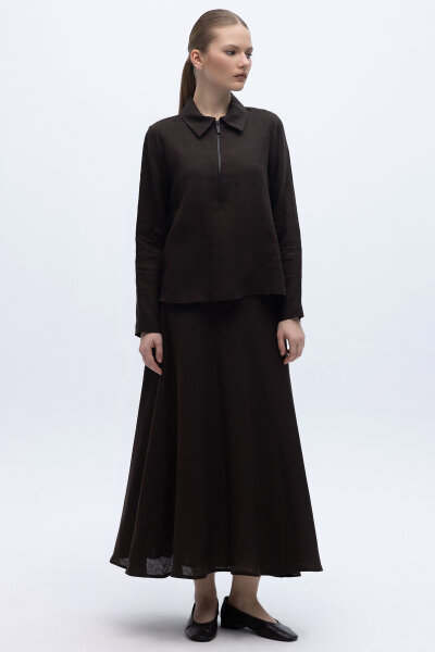 Önü Fermuarlı Keten Gömlek Kahverengi - 5