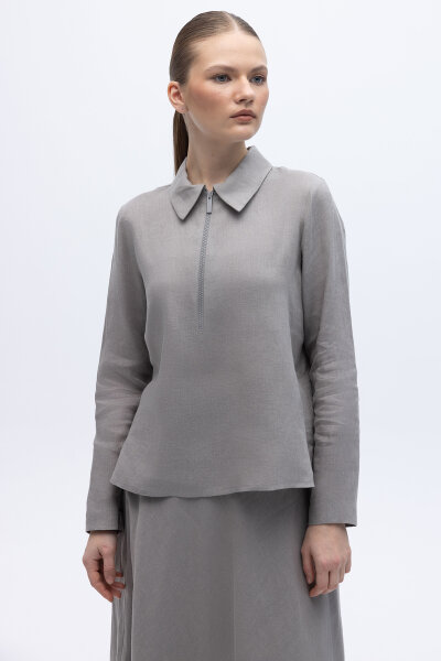 Önü Fermuarlı Keten Gömlek Gri - MISS DALIDA