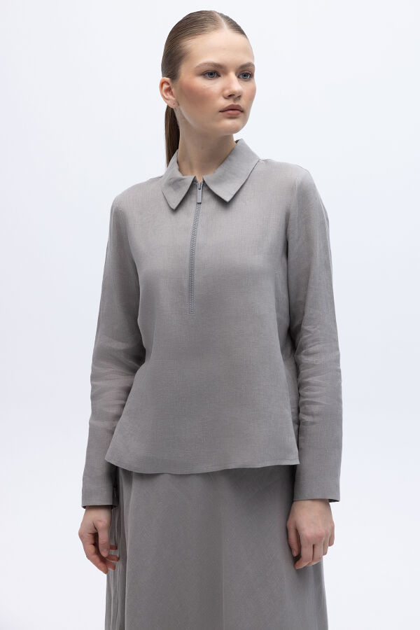 Önü Fermuarlı Keten Gömlek Gri - 1
