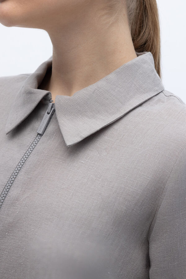 Önü Fermuarlı Keten Gömlek Gri - 2