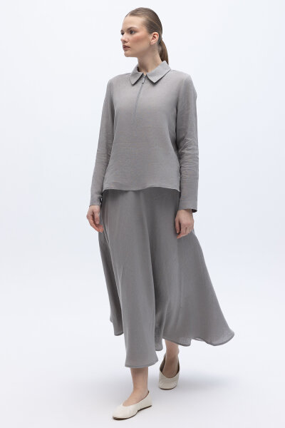 Önü Fermuarlı Keten Gömlek Gri - 4