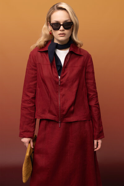 Önü Fermuarlı Kısa Keten Ceket Cherry - 1