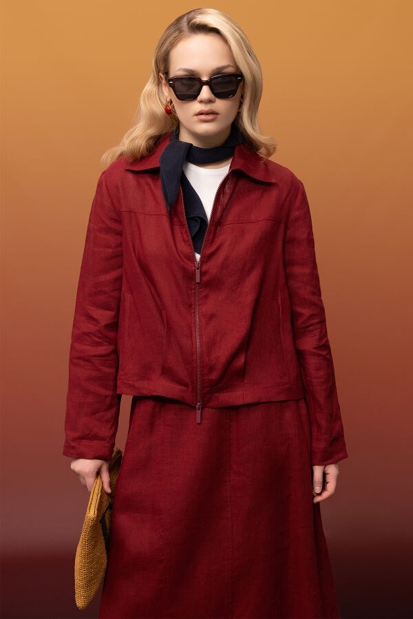 Önü Fermuarlı Kısa Keten Ceket Cherry - 1