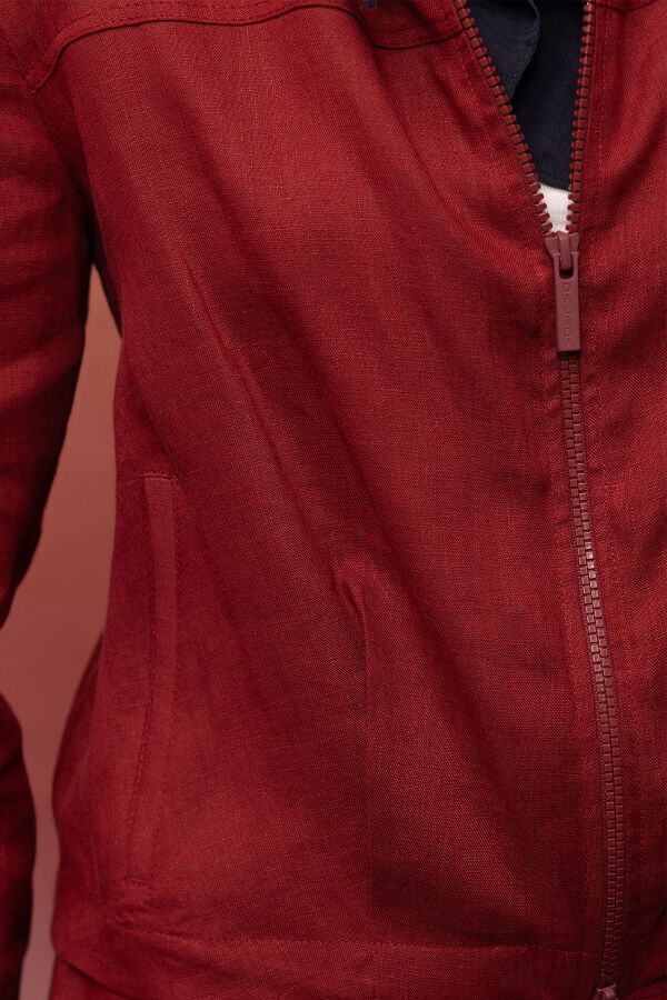 Önü Fermuarlı Kısa Keten Ceket Cherry - 2