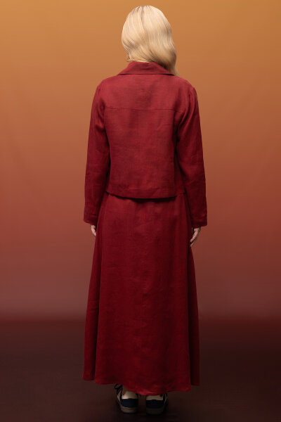 Önü Fermuarlı Kısa Keten Ceket Cherry - 3