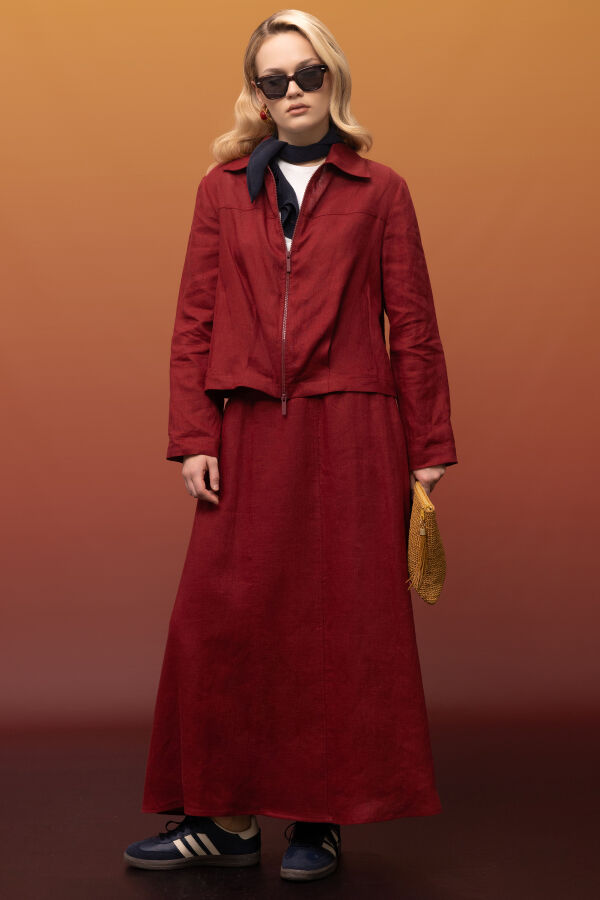 Önü Fermuarlı Kısa Keten Ceket Cherry - 4