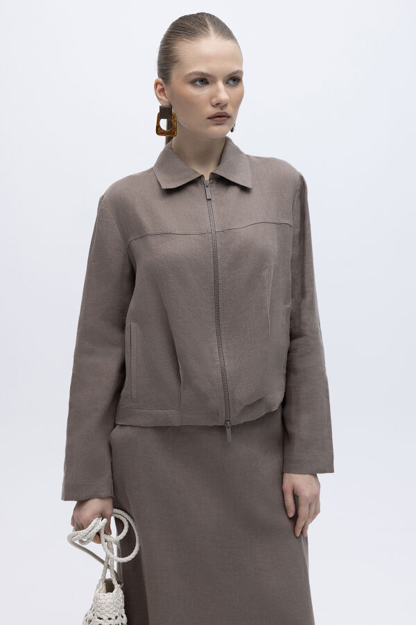 Önü Fermuarlı Kısa Keten Ceket Mink - 1