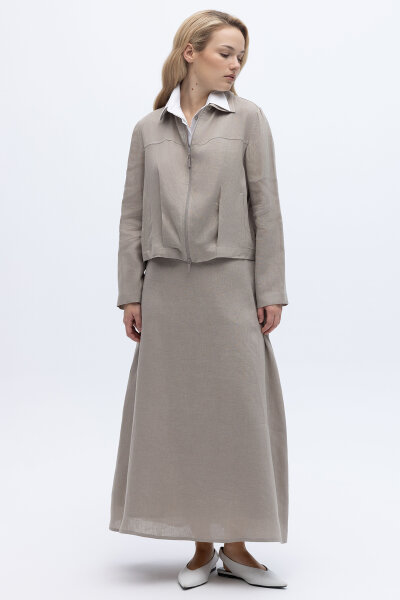 Önü Fermuarlı Kısa Keten Ceket Stone - 4