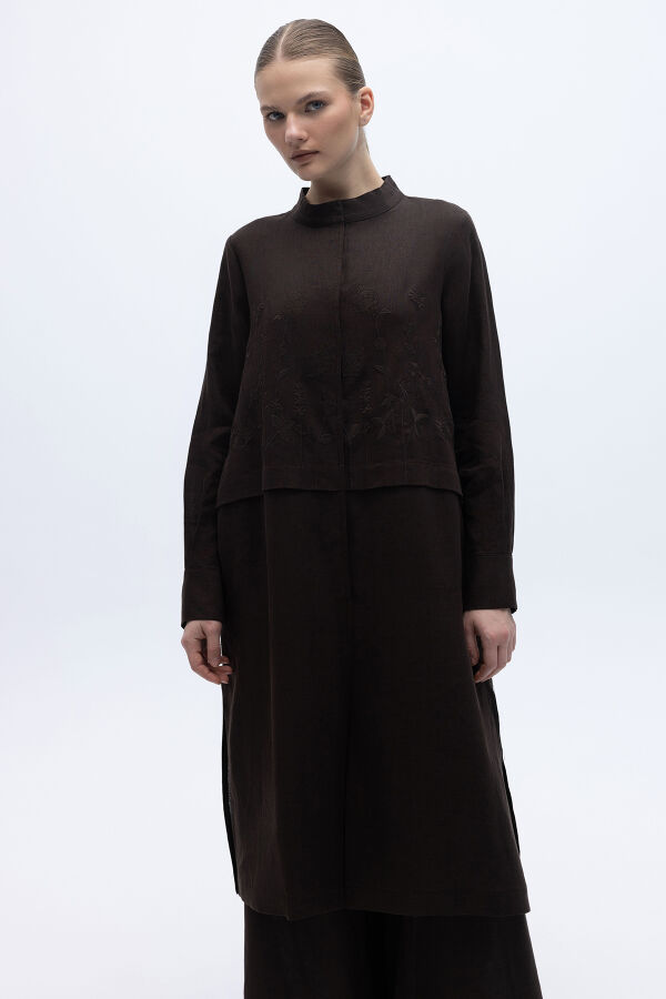 Önü Nakışlı Hakim Yaka Ceket Kahverengi - 1