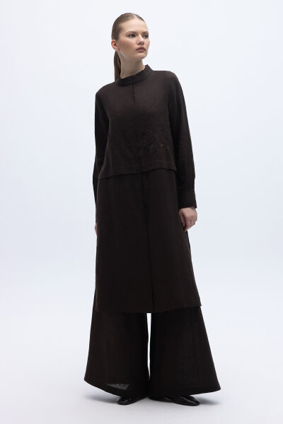 Önü Nakışlı Hakim Yaka Ceket Kahverengi - 4