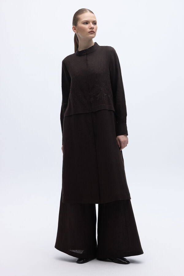 Önü Nakışlı Hakim Yaka Ceket Kahverengi - 4