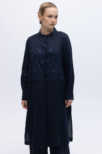 Önü Nakışlı Hakim Yaka Ceket Lacivert - 1