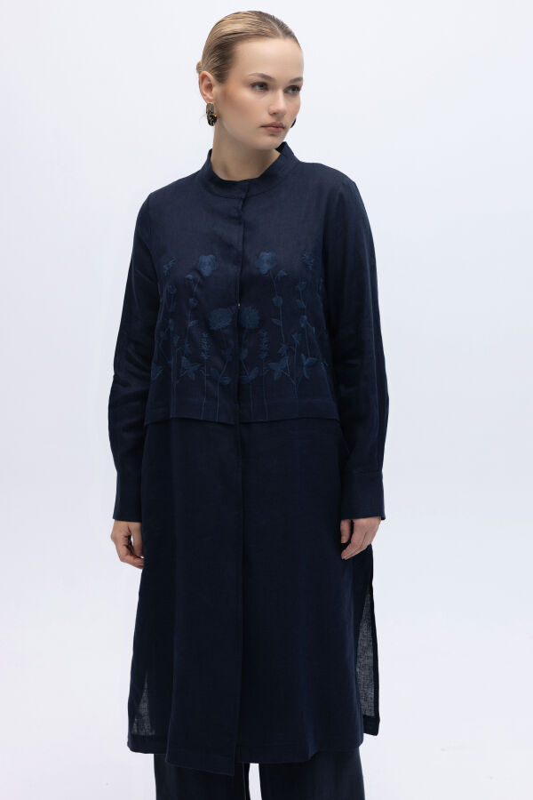 Önü Nakışlı Hakim Yaka Ceket Lacivert - 1