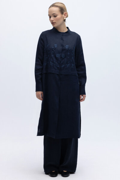 Önü Nakışlı Hakim Yaka Ceket Lacivert - 4