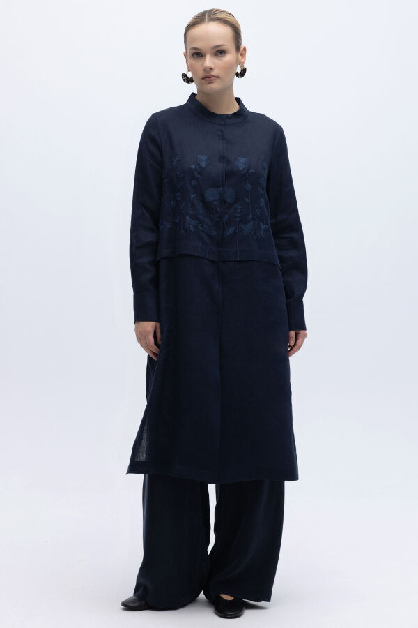 Önü Nakışlı Hakim Yaka Ceket Lacivert - 5