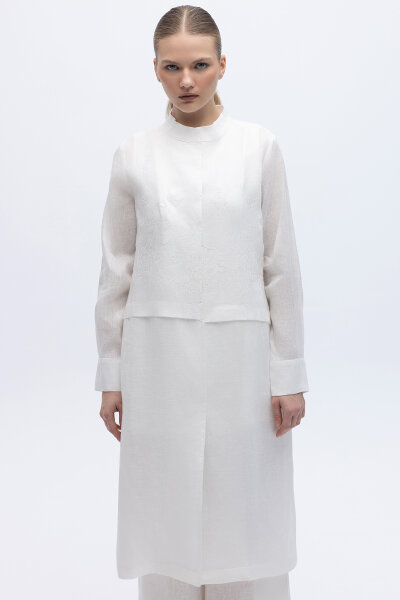 Önü Nakışlı Hakim Yaka Ceket Ekru 