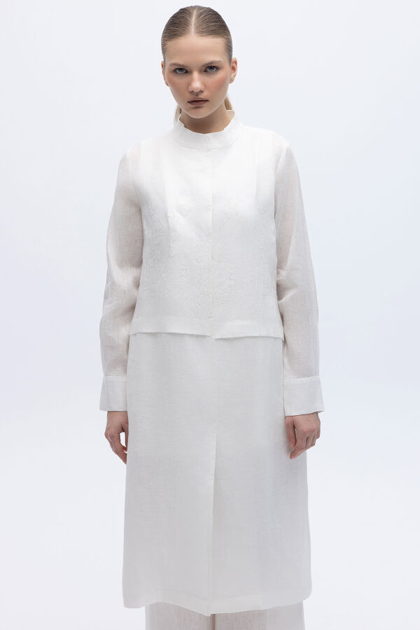 Önü Nakışlı Hakim Yaka Ceket Ekru - 1