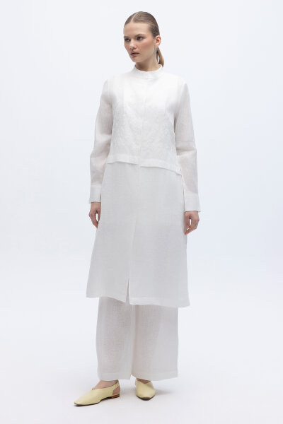 Önü Nakışlı Hakim Yaka Ceket Ekru - 3