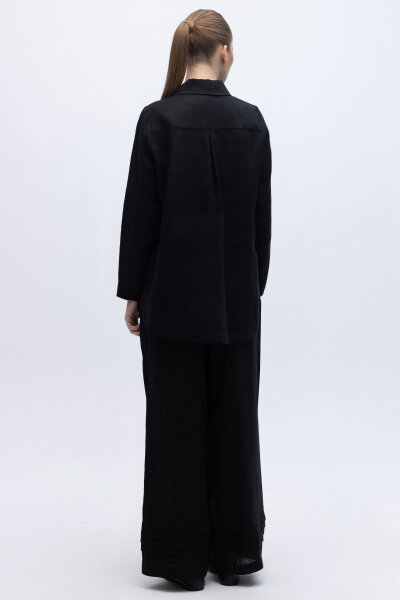 Önü Nervürlü Keten Gömlek Siyah - 2