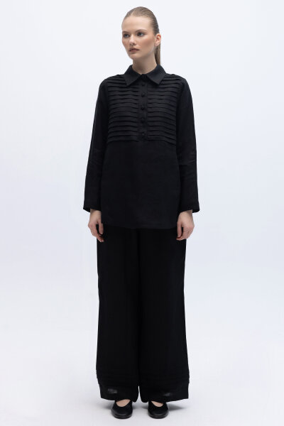 Önü Nervürlü Keten Gömlek Siyah - 3