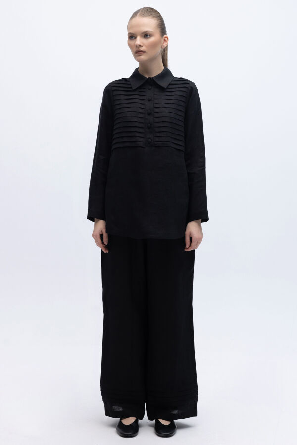 Önü Nervürlü Keten Gömlek Siyah - 3