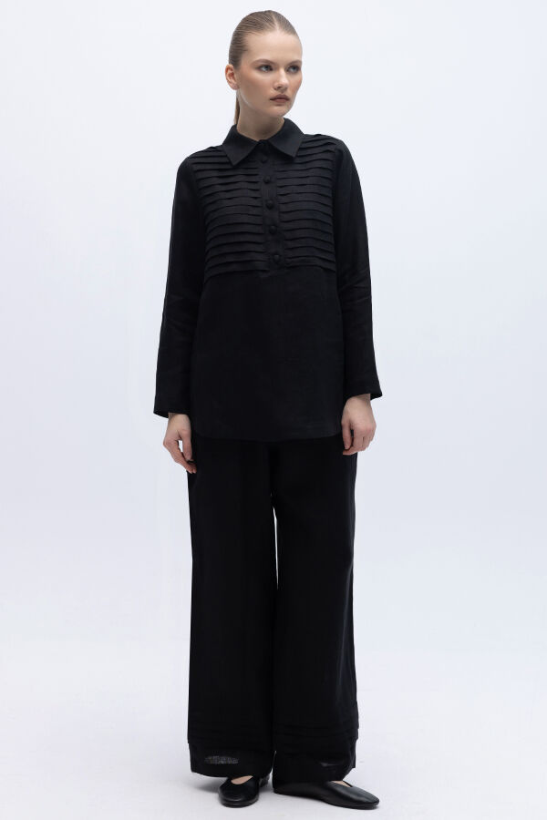 Önü Nervürlü Keten Gömlek Siyah - 4