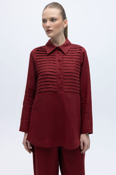 Önü Nervürlü Keten Gömlek Cherry - 1