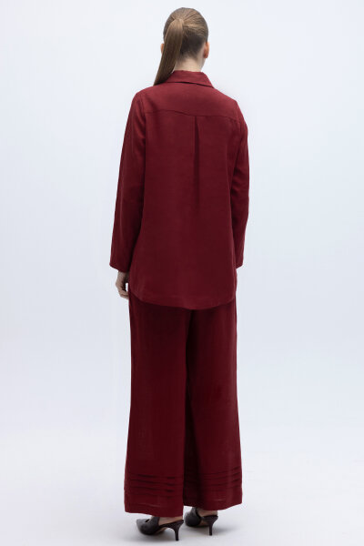 Önü Nervürlü Keten Gömlek Cherry - 2