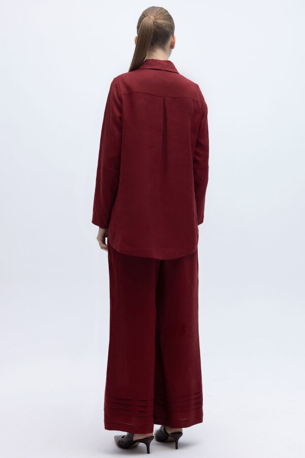 Önü Nervürlü Keten Gömlek Cherry - 2