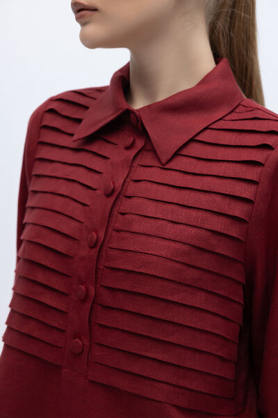 Önü Nervürlü Keten Gömlek Cherry - 5