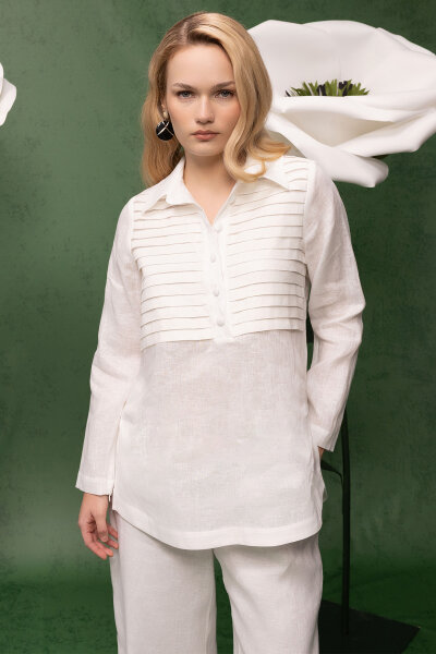 Önü Nervürlü Keten Gömlek Ekru 