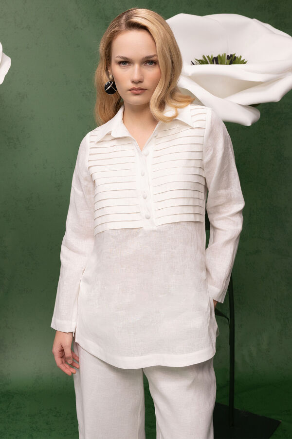 Önü Nervürlü Keten Gömlek Ekru - 1
