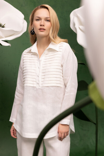 Önü Nervürlü Keten Gömlek Ekru - 3