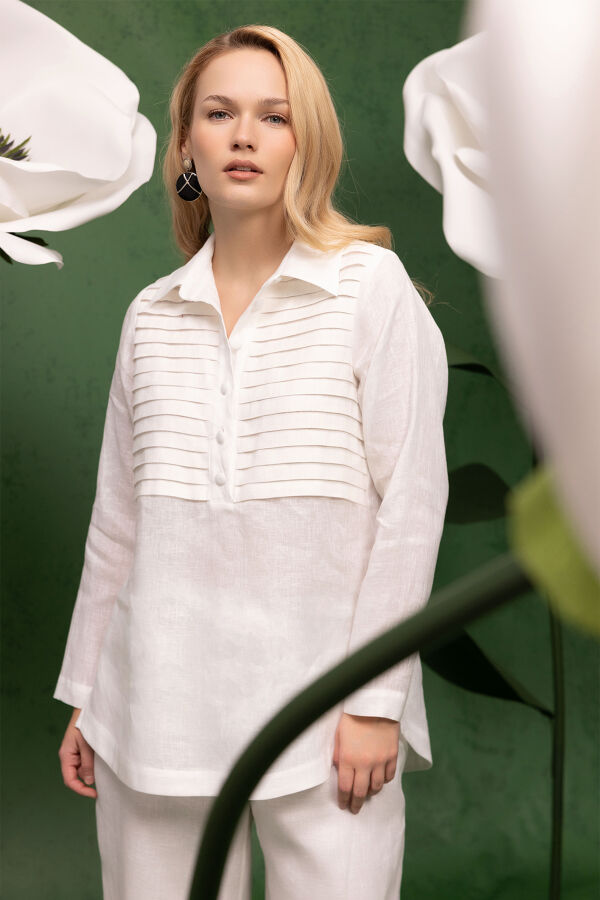 Önü Nervürlü Keten Gömlek Ekru - 3