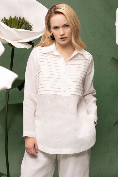 Önü Nervürlü Keten Gömlek Ekru - 4