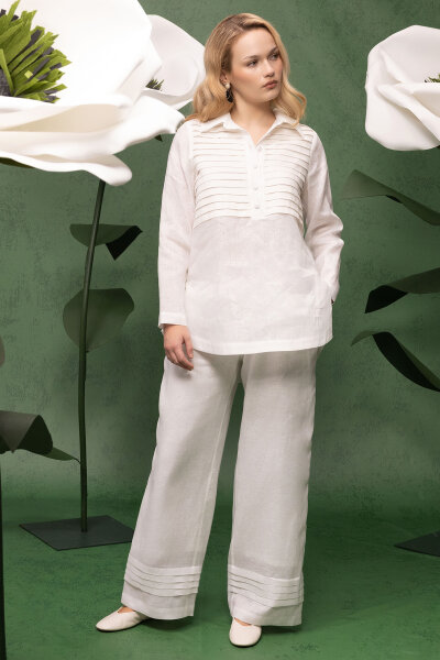 Önü Nervürlü Keten Gömlek Ekru - 5