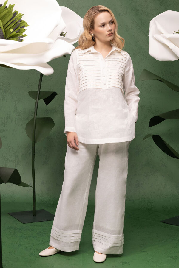Önü Nervürlü Keten Gömlek Ekru - 5