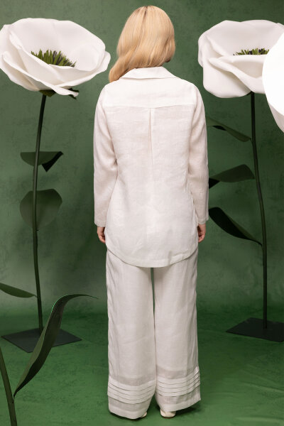 Önü Nervürlü Keten Gömlek Ekru - 6