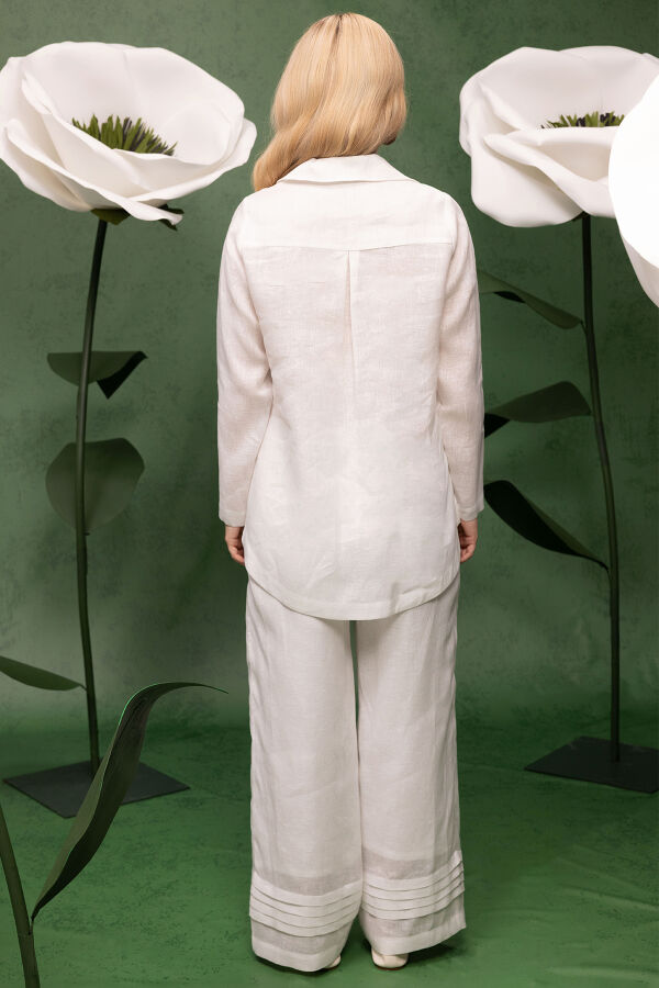 Önü Nervürlü Keten Gömlek Ekru - 6