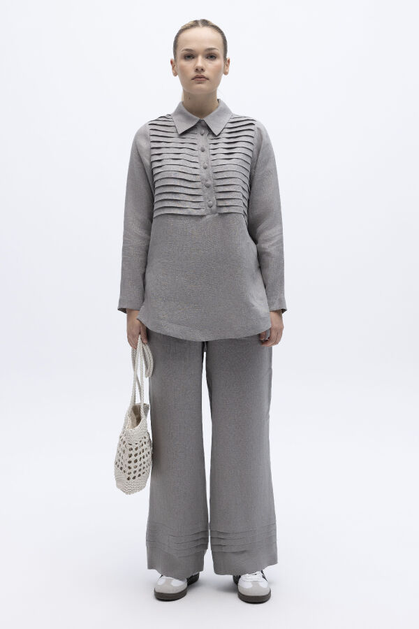 Önü Nervürlü Keten Gömlek Gri - 1