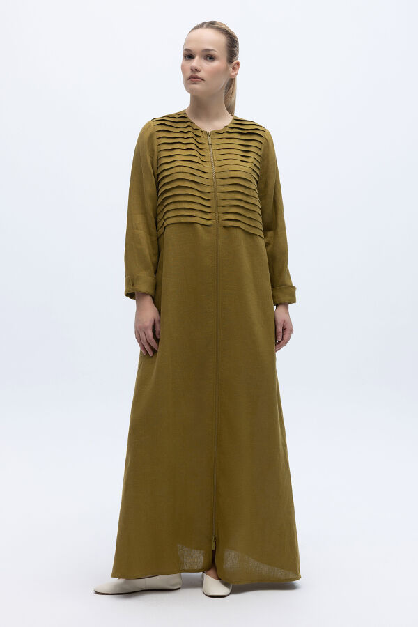 Önü Nervürlü Uzun Keten Kap Amber - 1