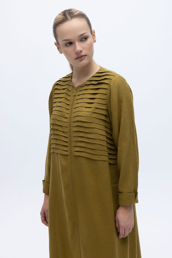 Önü Nervürlü Uzun Keten Kap Amber - 3