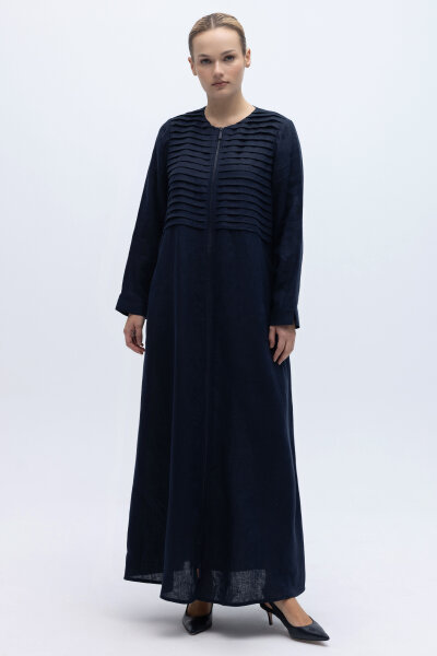 Önü Nervürlü Uzun Keten Kap Siyah - 1