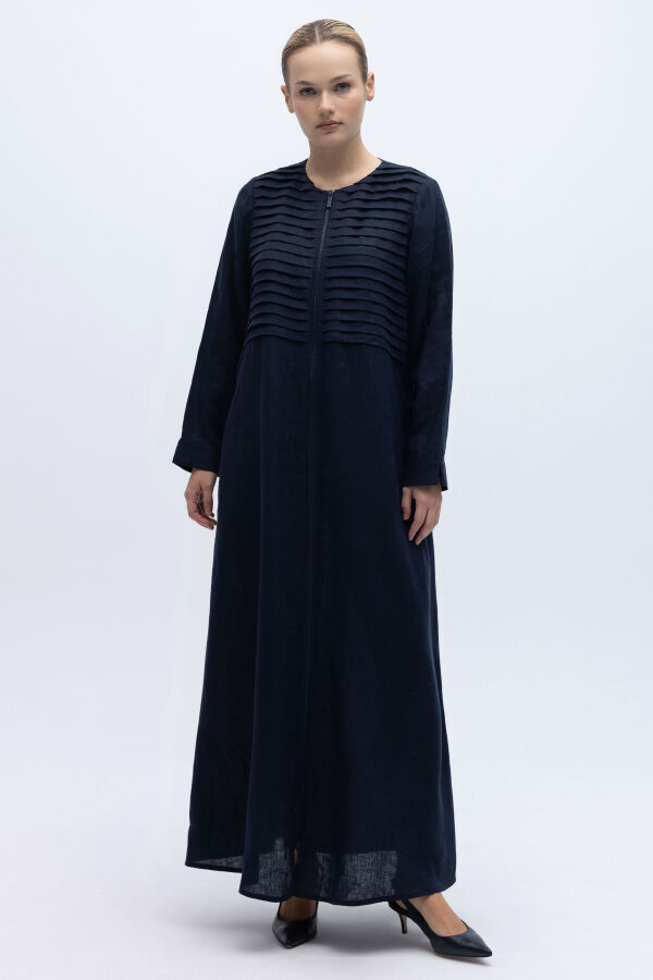 Önü Nervürlü Uzun Keten Kap Siyah - 1