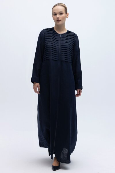 Önü Nervürlü Uzun Keten Kap Siyah - 3