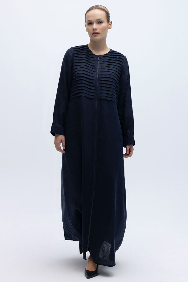 Önü Nervürlü Uzun Keten Kap Siyah - 3