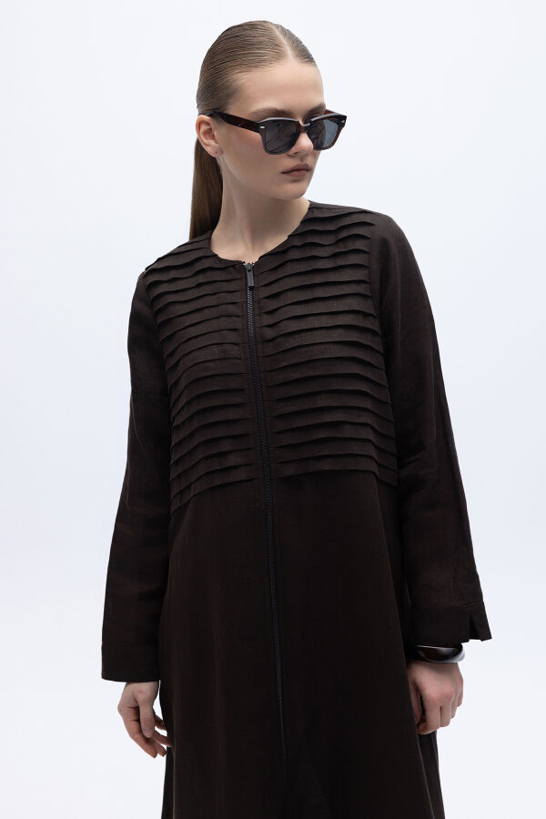 Önü Nervürlü Uzun Keten Kap Kahverengi - 2