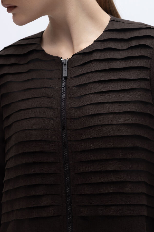 Önü Nervürlü Uzun Keten Kap Kahverengi - 3