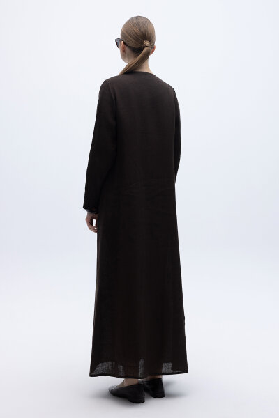 Önü Nervürlü Uzun Keten Kap Kahverengi - 4