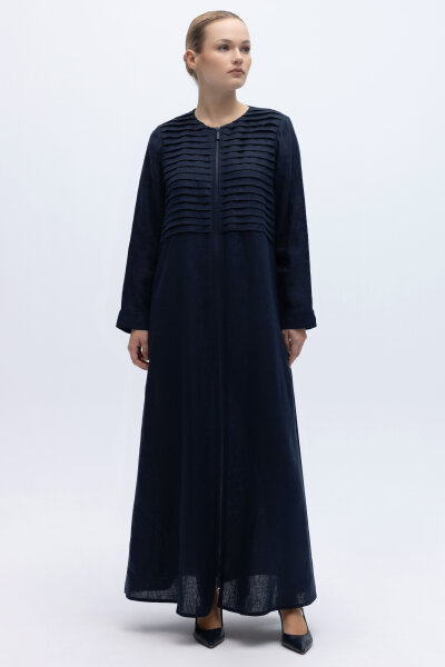 Önü Nervürlü Uzun Keten Kap Lacivert 